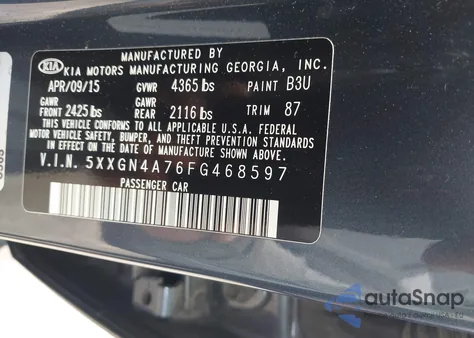 2015 Kia Optima Ex from USA, damaged, VIN 5XXGN4A76FG468597